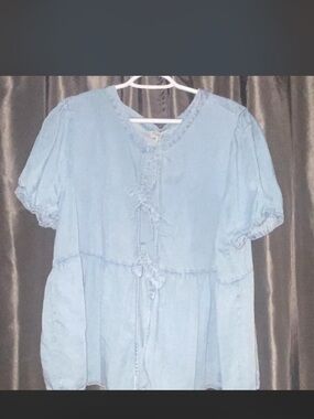 Light Blue Ruffle-Trim Peasant Blouse